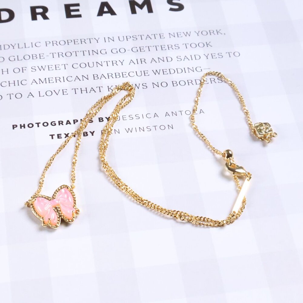 New Kendra Scott Blush Mother-of-Pearl Haley Bow Necklace Gold - Picture 3 of 3